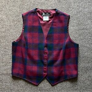 Vintage 100% Wool Maroon Plaid V-Neck Cardigan Vest Women’s 14 M Preppy Academia